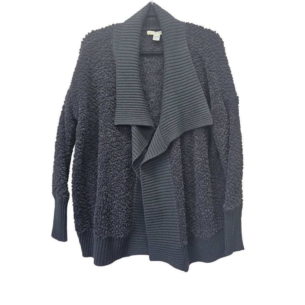 Love By Design Womens XS/S Popcorn Knit Open Front Cardigan Black Ribbed Trim